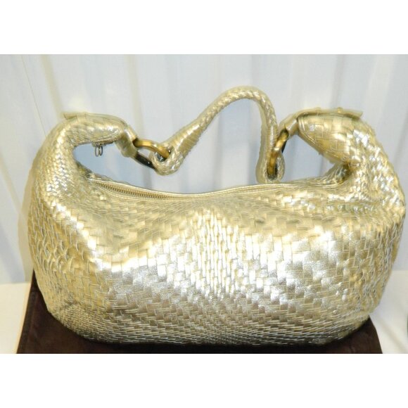 Cole Haan Genevieve Top Zip Hobo Metallic Gold Woven Leather Shoulder Bag - Picture 2 of 16